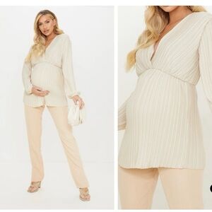 Pretty Little Thing Maternity Ecru Plisse Plunge Blouse New